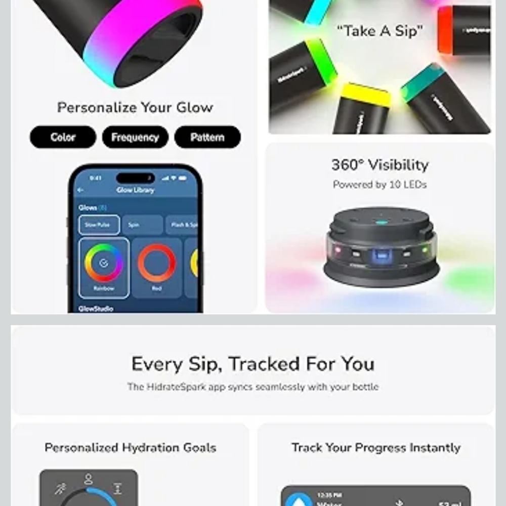 HidrateSpark Black Smart Water Bottle with LED Base - Picture 3 of 4